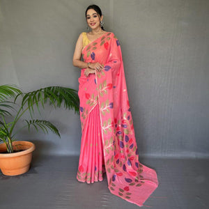 Gajari Pink Floral Woven Cotton Saree
