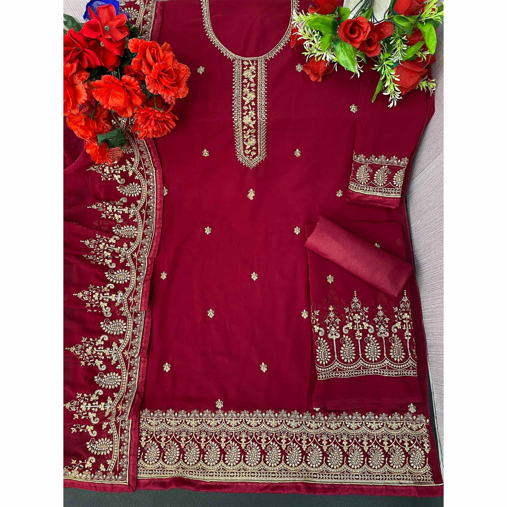 Maroon Floral Embroidered Georgette Sharara Suit