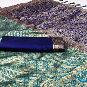 Blue Woven Jacquard Saree With Tassels
