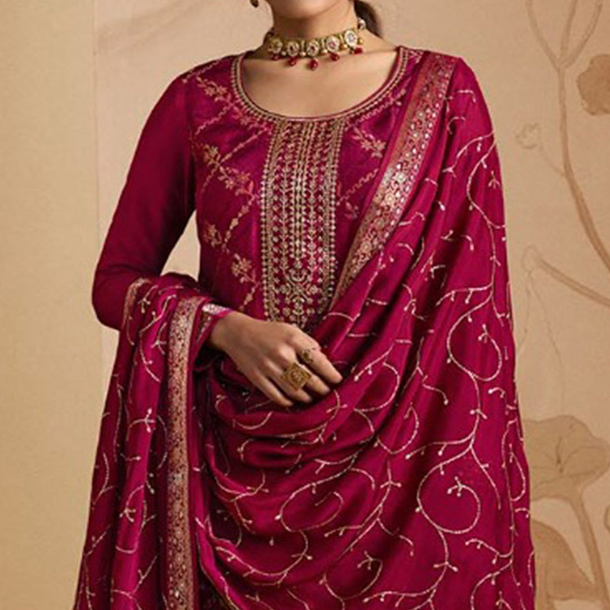 Magenta Pink Woven And Embroidered Dola Silk Palazzo Suit
