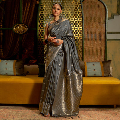 Grey Woven Satin Saree With Tassels