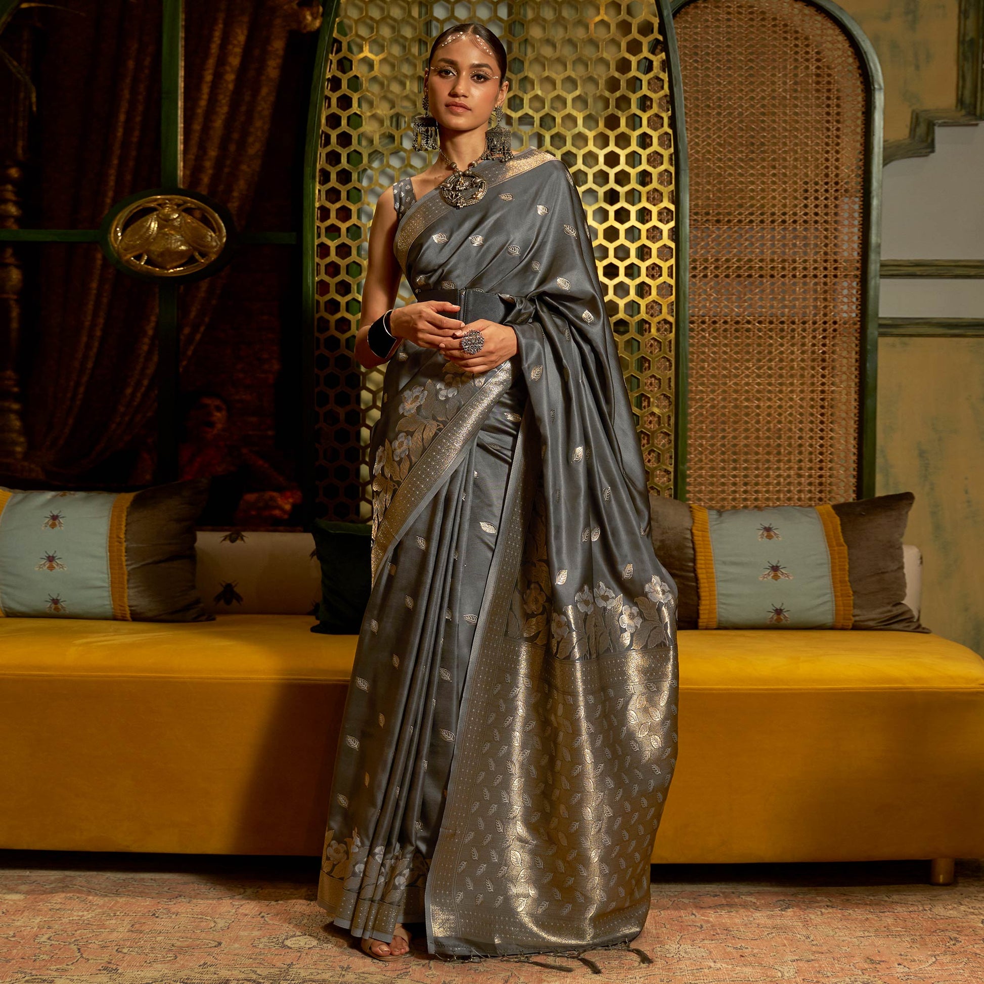 Grey Woven Satin Saree With Tassels