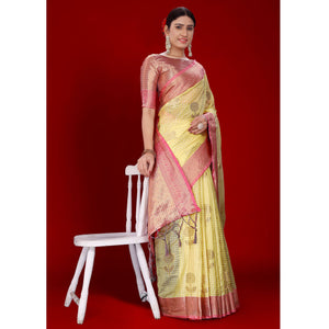 Lemon Yellow Floral Woven Organza Saree With Tassels