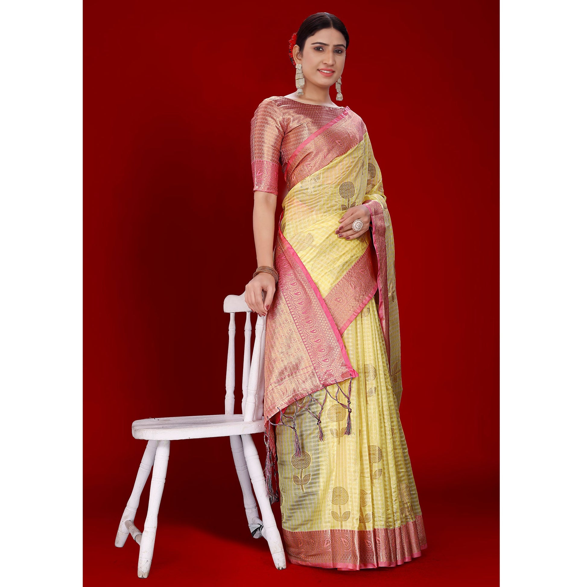 Lemon Yellow Floral Woven Organza Saree With Tassels