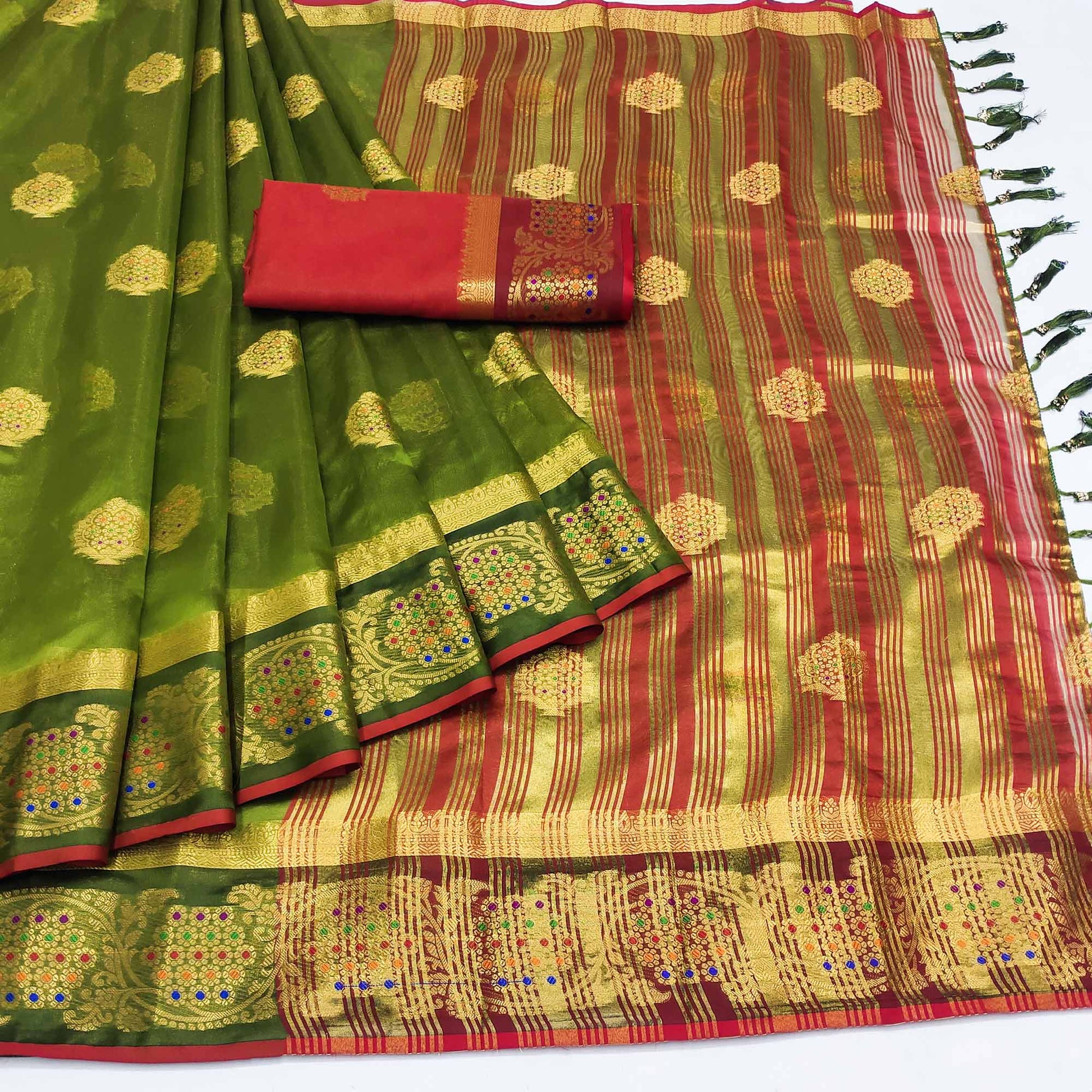 h-green-floral-woven-organza-saree-with-tassels