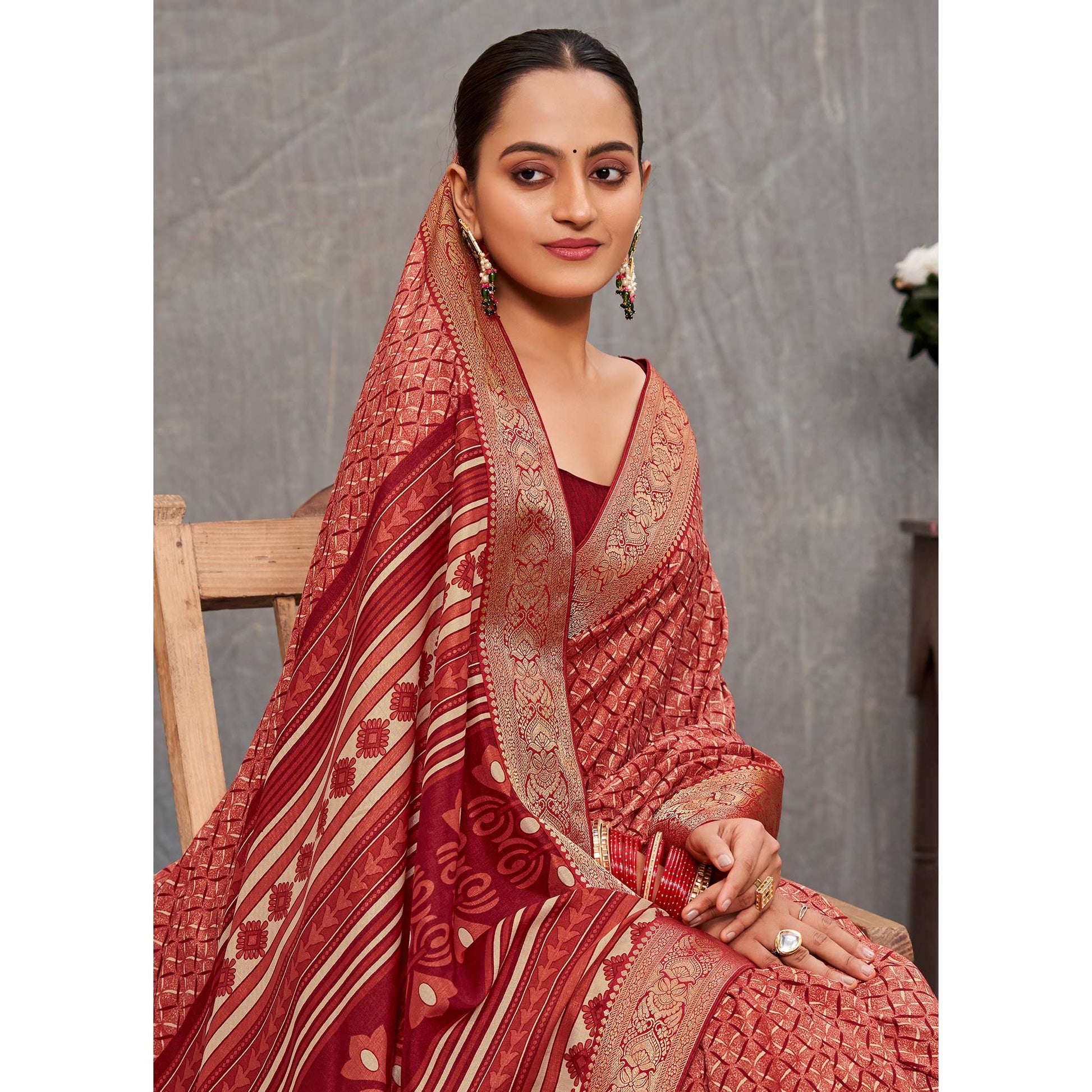 Maroon Printed Tussar Silk Saree