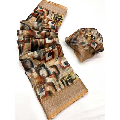 Brown Digital Printed Linen Saree