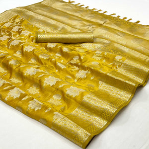 Mehendi Green Floral Woven Organza Saree With Tassels