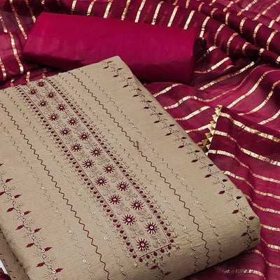 Chikoo Sequins Embroidered Cotton Blend Dress Material