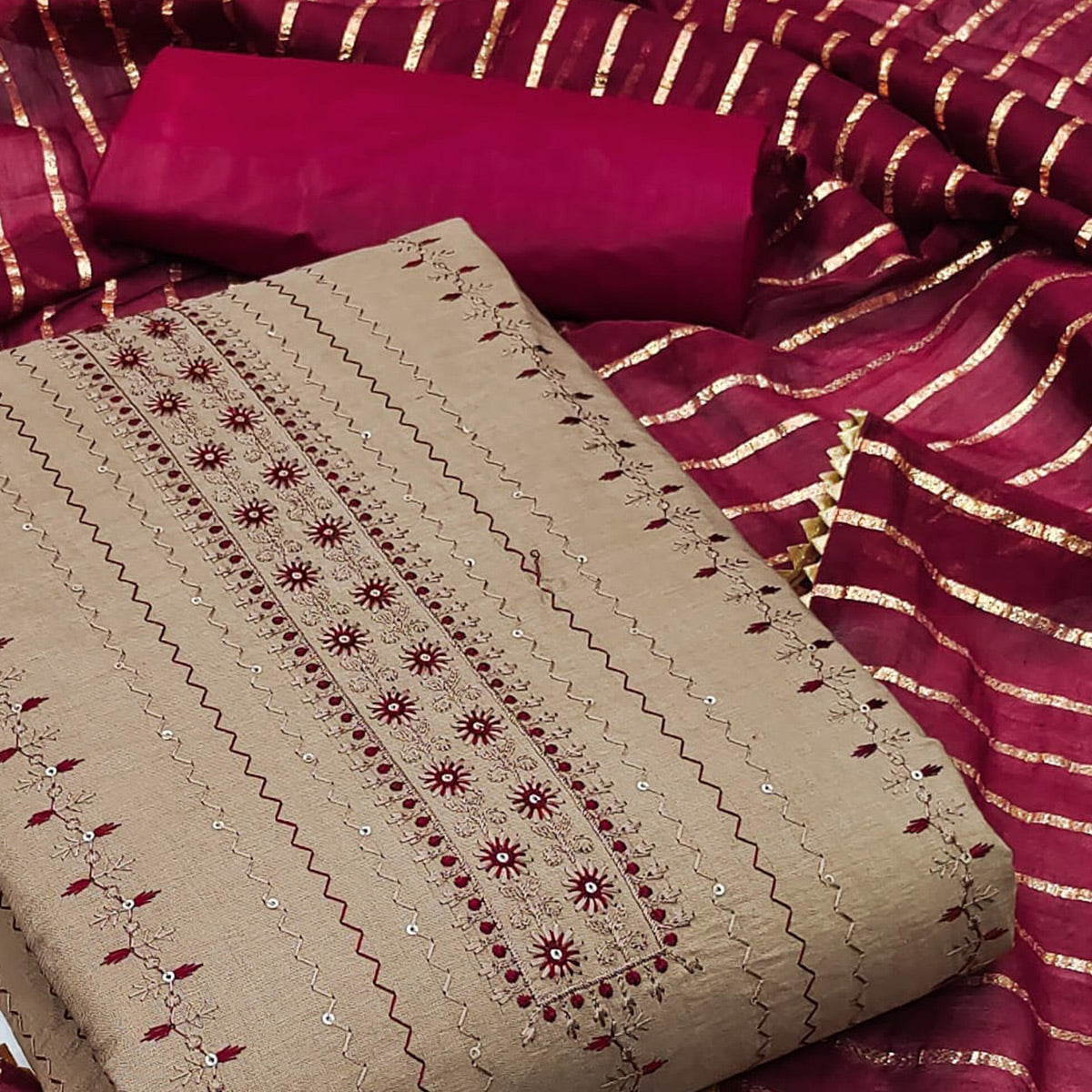 Chikoo Sequins Embroidered Cotton Blend Dress Material