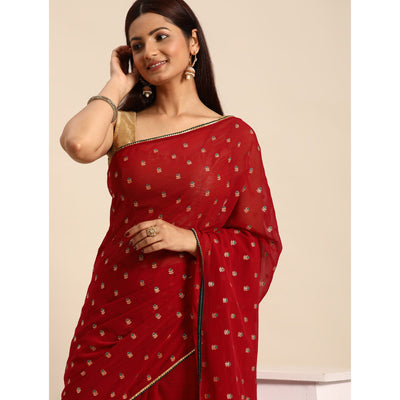 Maroon Embroidered Chiffon Saree