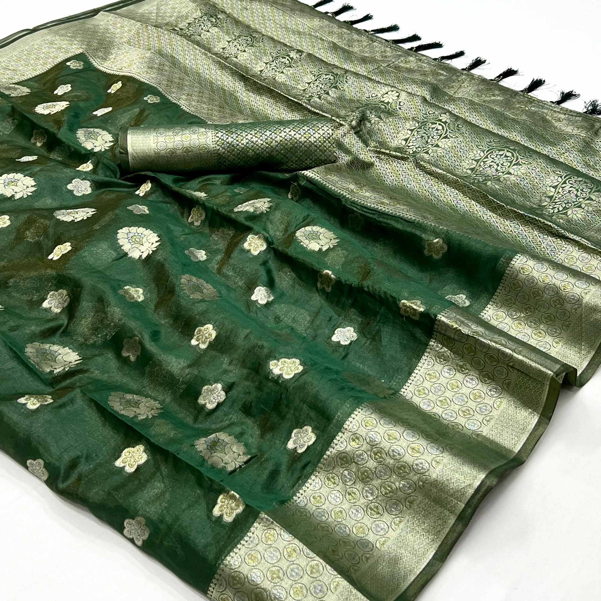 Bottle Green Floral Woven Organza Saree
