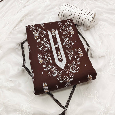 Brown Printed With Embroidered Rayon Dress Material