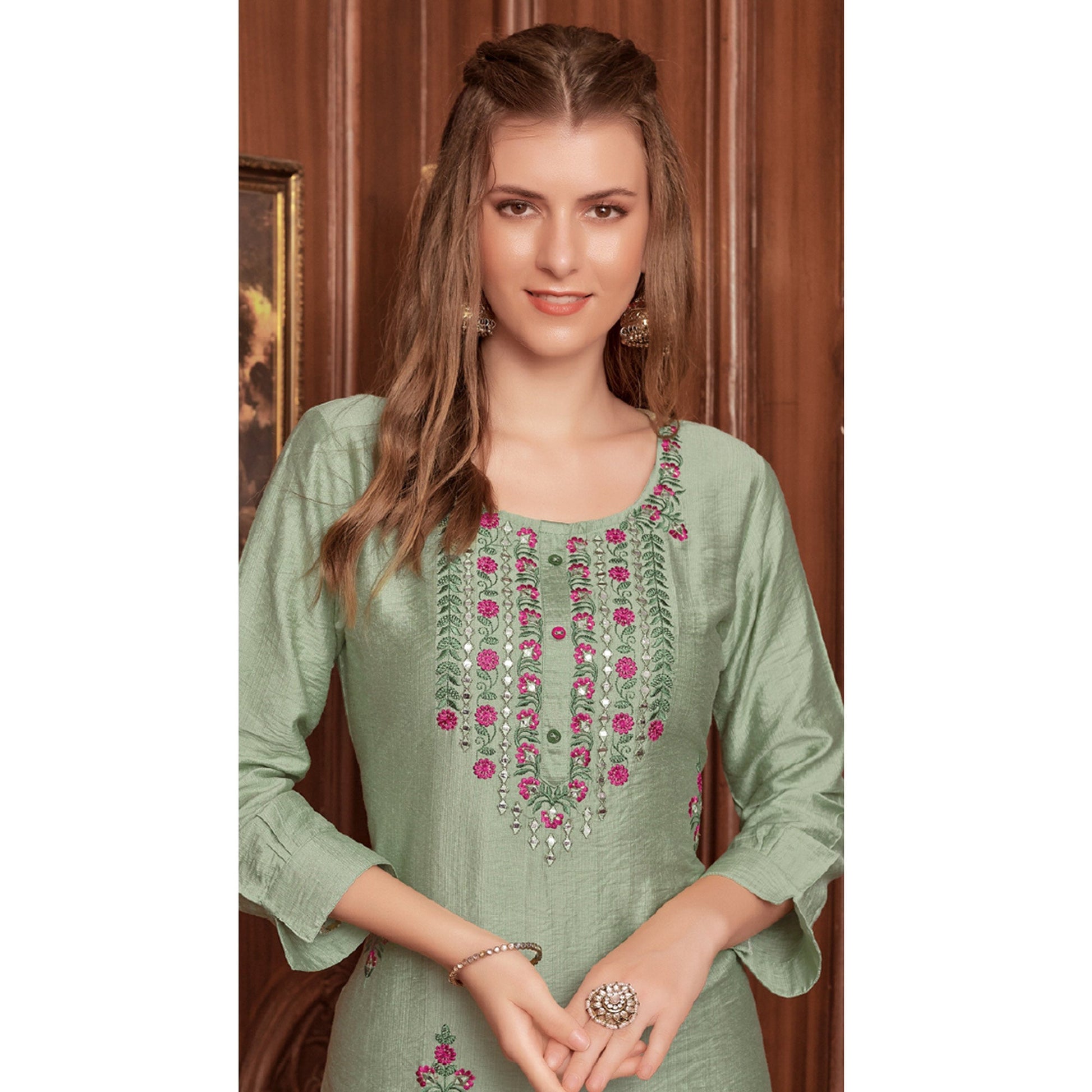 green-floral-embroidered-rayon-kurti