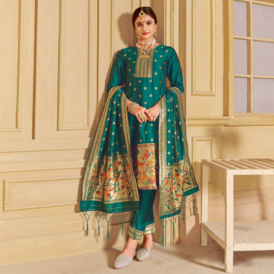 green-floral-woven-tapetta-silk-salwar-suit