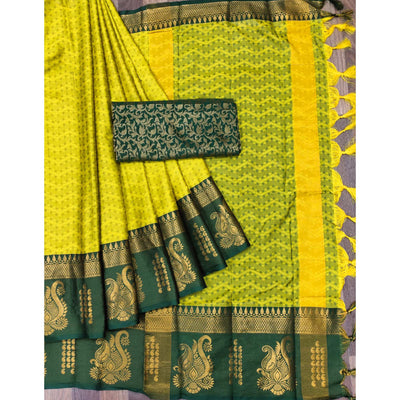 Lemon Green Woven Cotton Silk Saree With Tassels