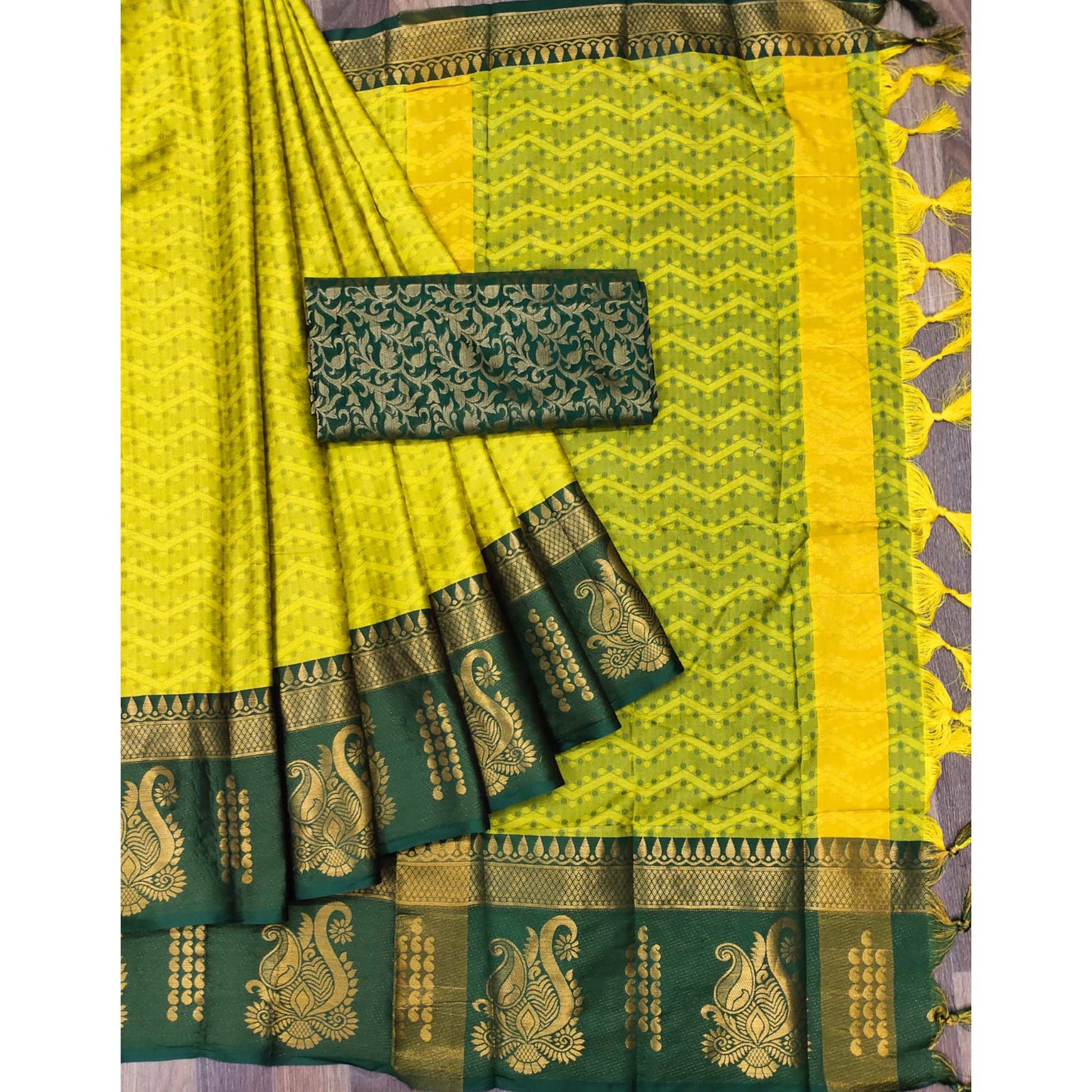 Lemon Green Woven Cotton Silk Saree With Tassels