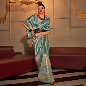 Blue Woven Art Silk Saree With Tassels