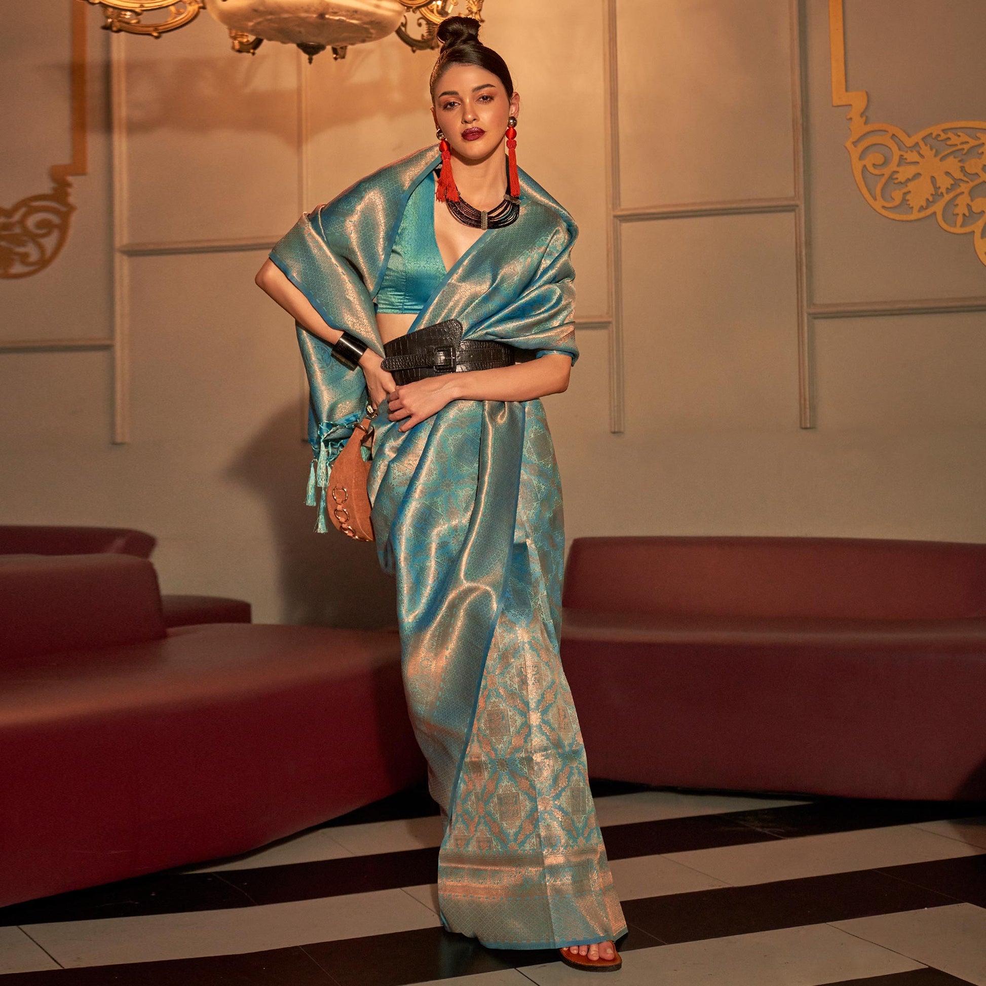 Blue Woven Art Silk Saree With Tassels