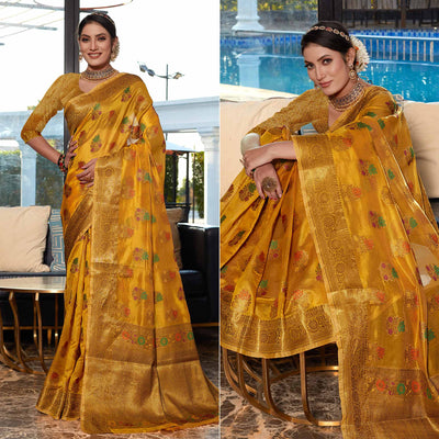 Light Mustard Floral Woven Organza Saree