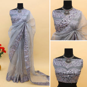 Grey Sequins Embroidered Organza Saree