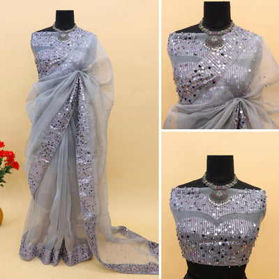 Grey Sequins Embroidered Organza Saree