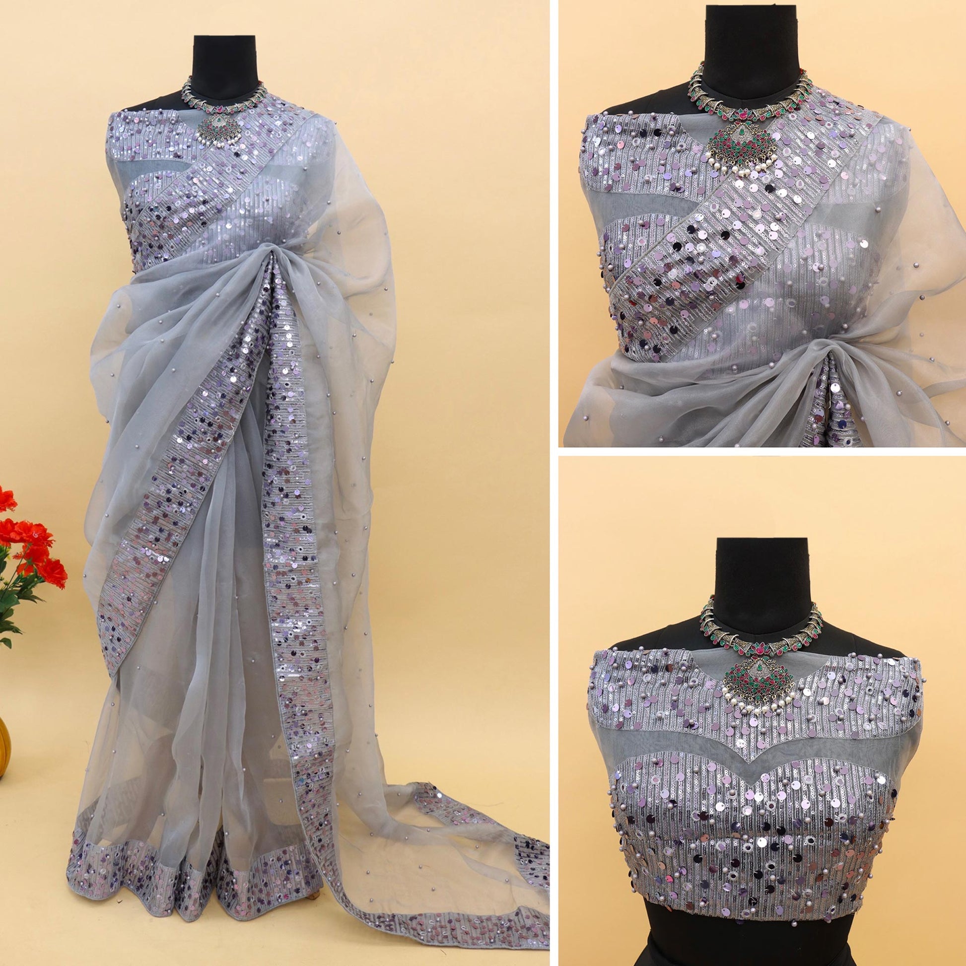 Grey Sequins Embroidered Organza Saree