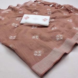 Brown Floral Embroidered Raw Silk Saree