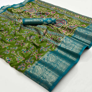 green-blue-printed-with-woven-border-dola-silk-saree