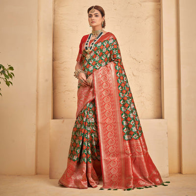 green-woven-patola-art-silk-saree-with-tassels