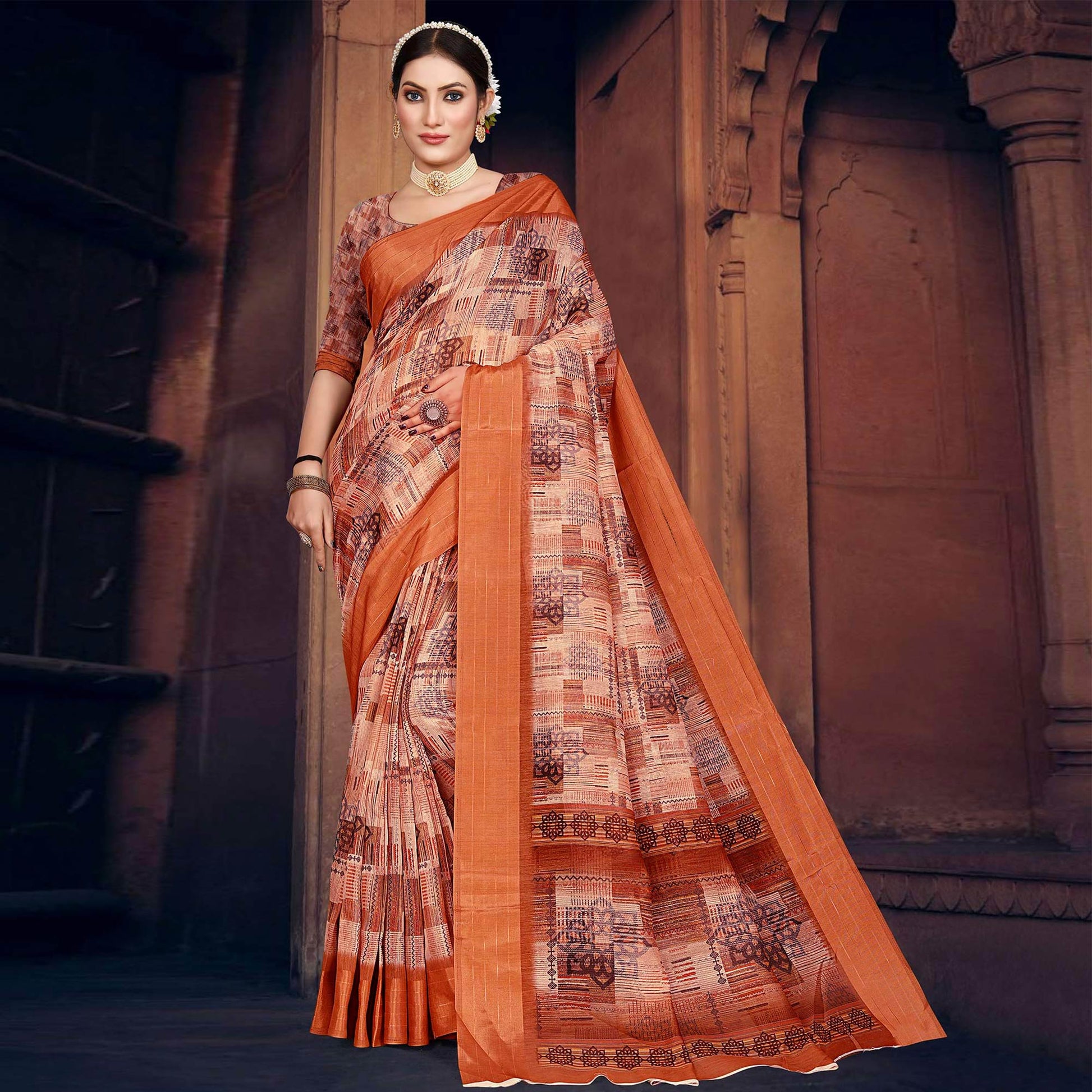Brown Digital Printed Cotton Blend Saree
