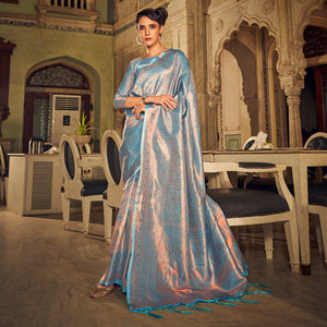 Blue Woven Kanjivaran Satin Saree