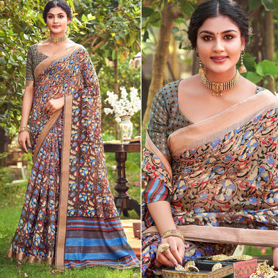 Multicolor Floral Printed With Woven Border Linen Saree