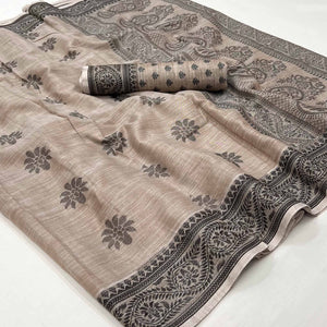 Chikoo Thread Woven Cotton Silk Saree