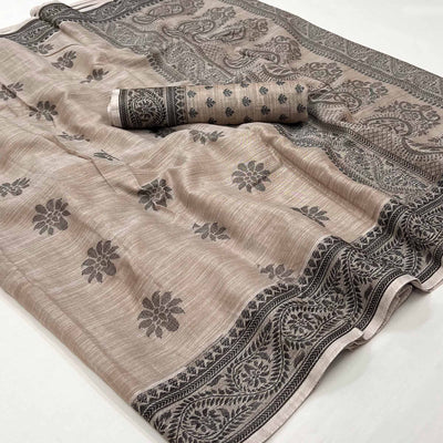 Chikoo Thread Woven Cotton Silk Saree