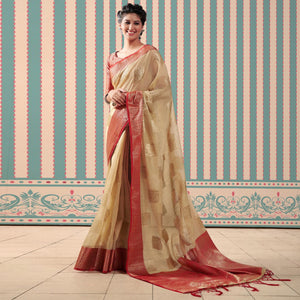 Chikoo Woven Linen Saree With Tassels