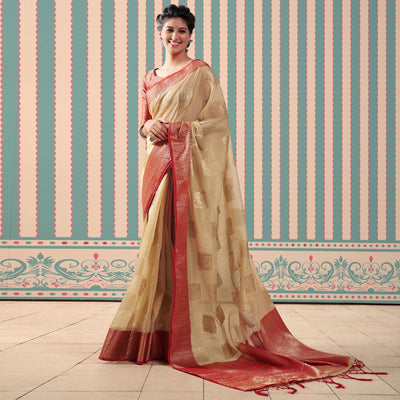 Chikoo Woven Linen Saree With Tassels