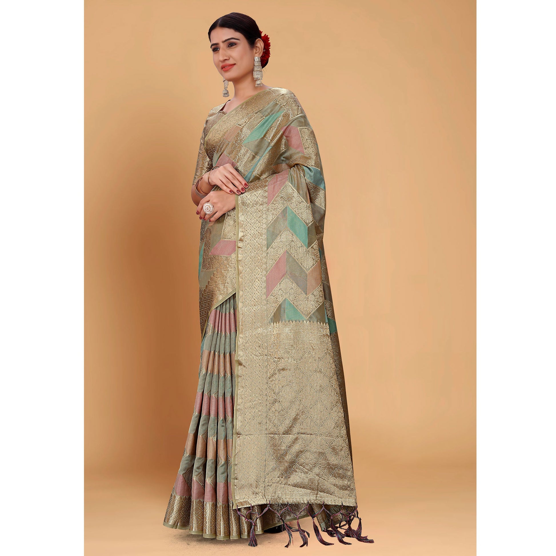 Grey Woven Organza Saree With Tassels