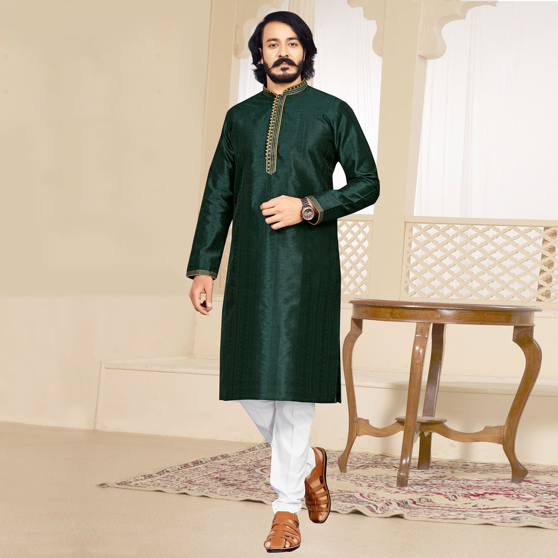 green-woven-jacquard-kurta-pyjama-set-2