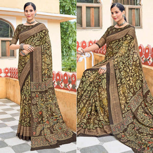 Brown-Green Floral Printed Georgette Saree