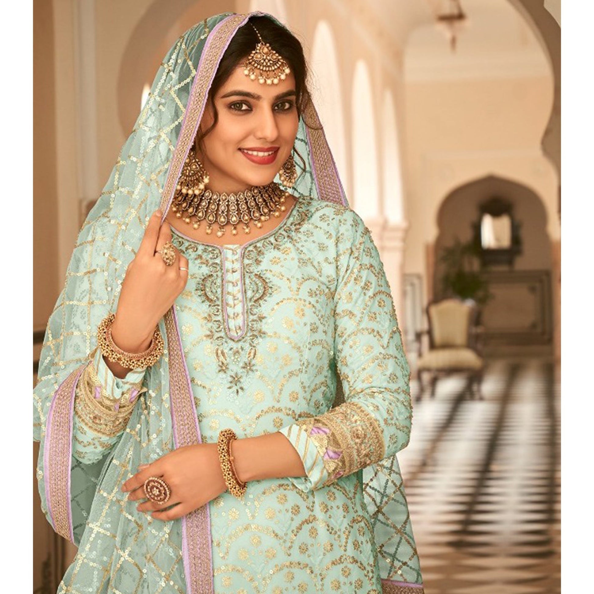 green-woven-georgette-sharara-suit