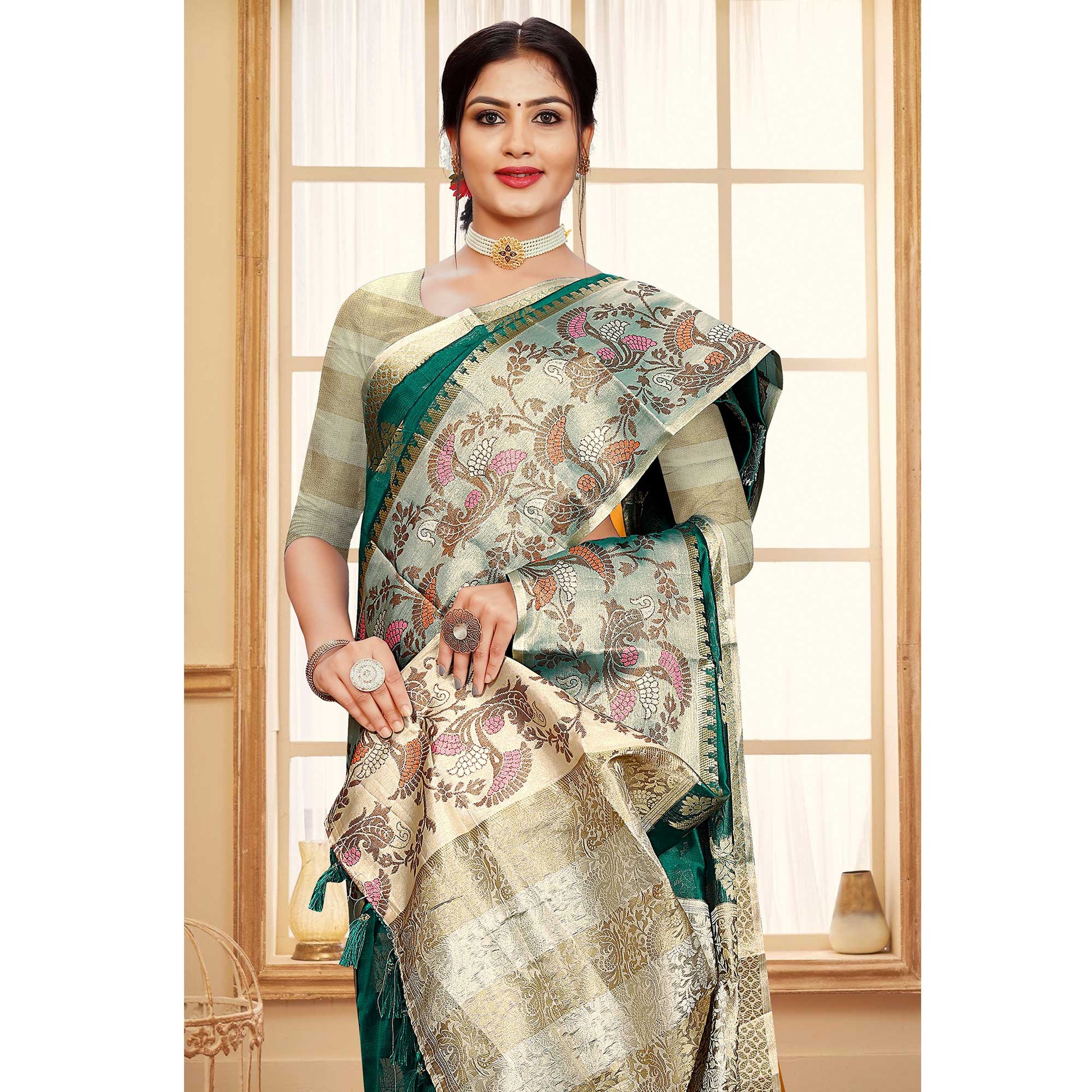 9green-floral-woven-organza-saree-with-tassels