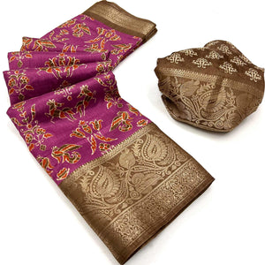 Magenta Purple Printed With Woven Border Dola Silk Saree