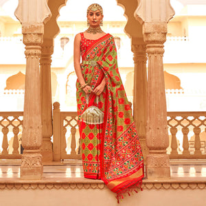 olive-green-red-printed-tussar-silk-saree-with-tassels