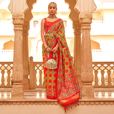 olive-green-red-printed-tussar-silk-saree-with-tassels
