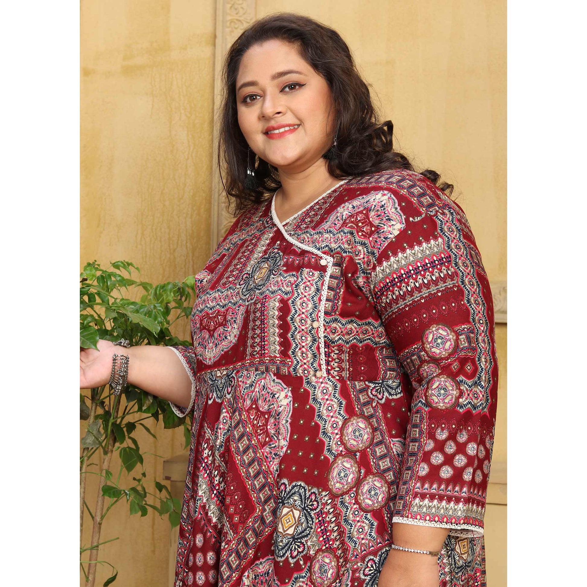 Maroon Floral Printed Long Kurti
