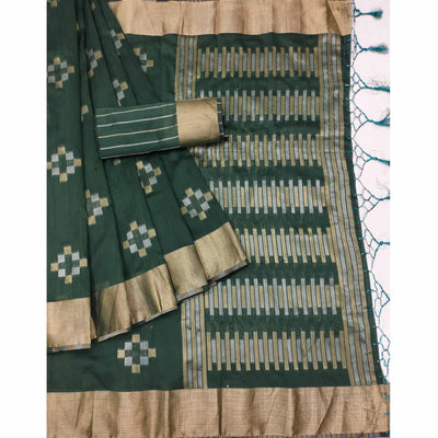 green-woven-khaadi-saree-with-tassels