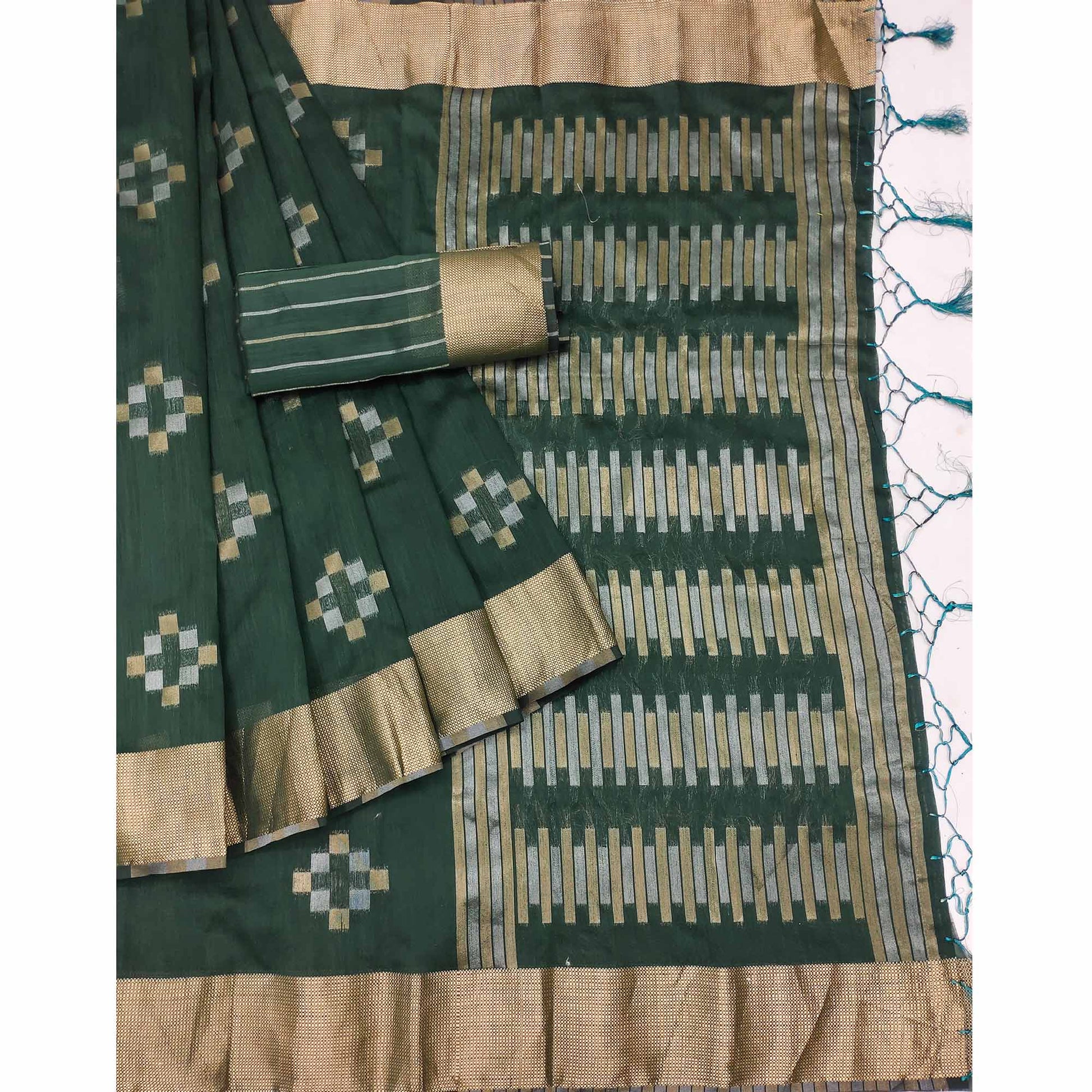 green-woven-khaadi-saree-with-tassels