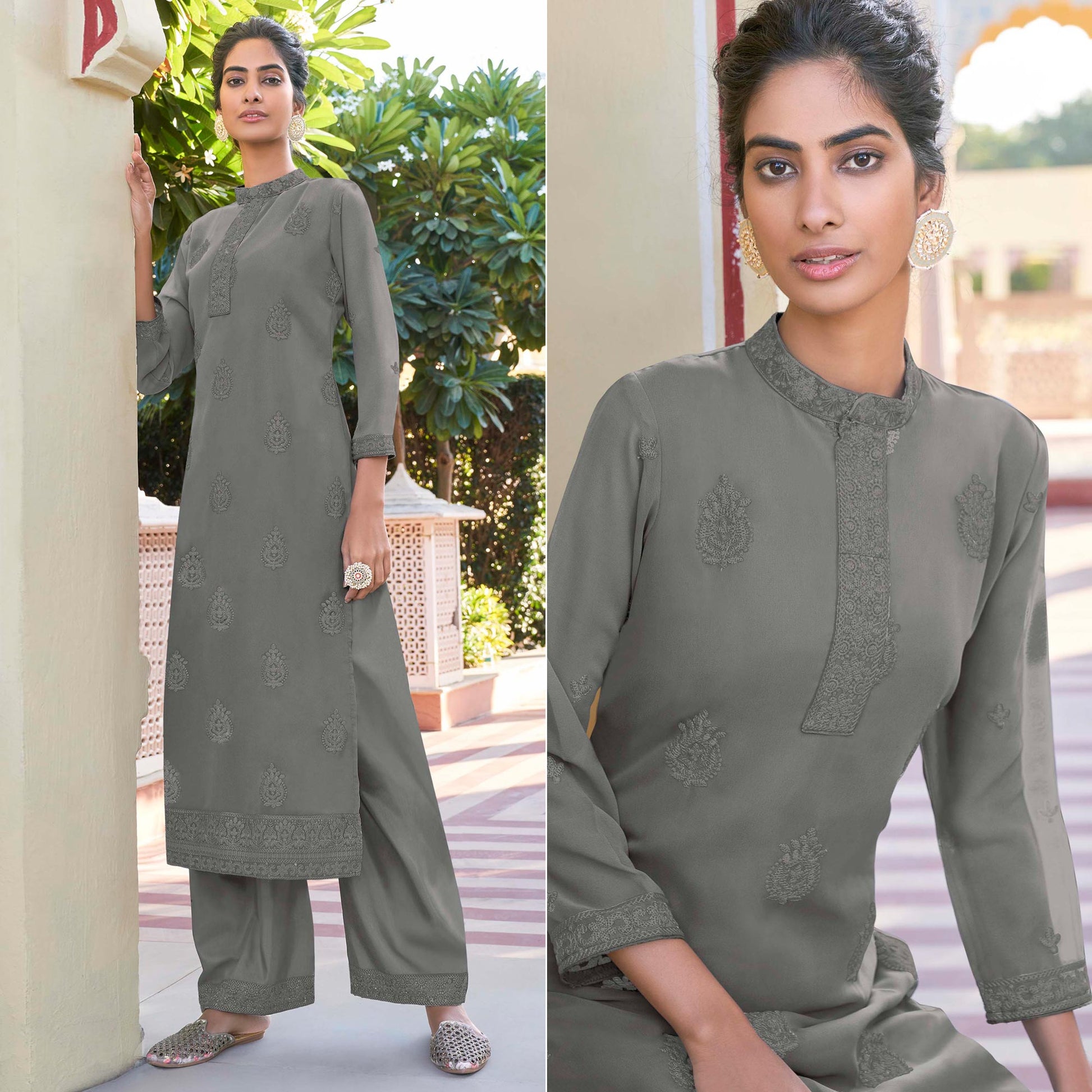 grey-lucknowi-embroidered-georgette-kurti-palazzo-set
