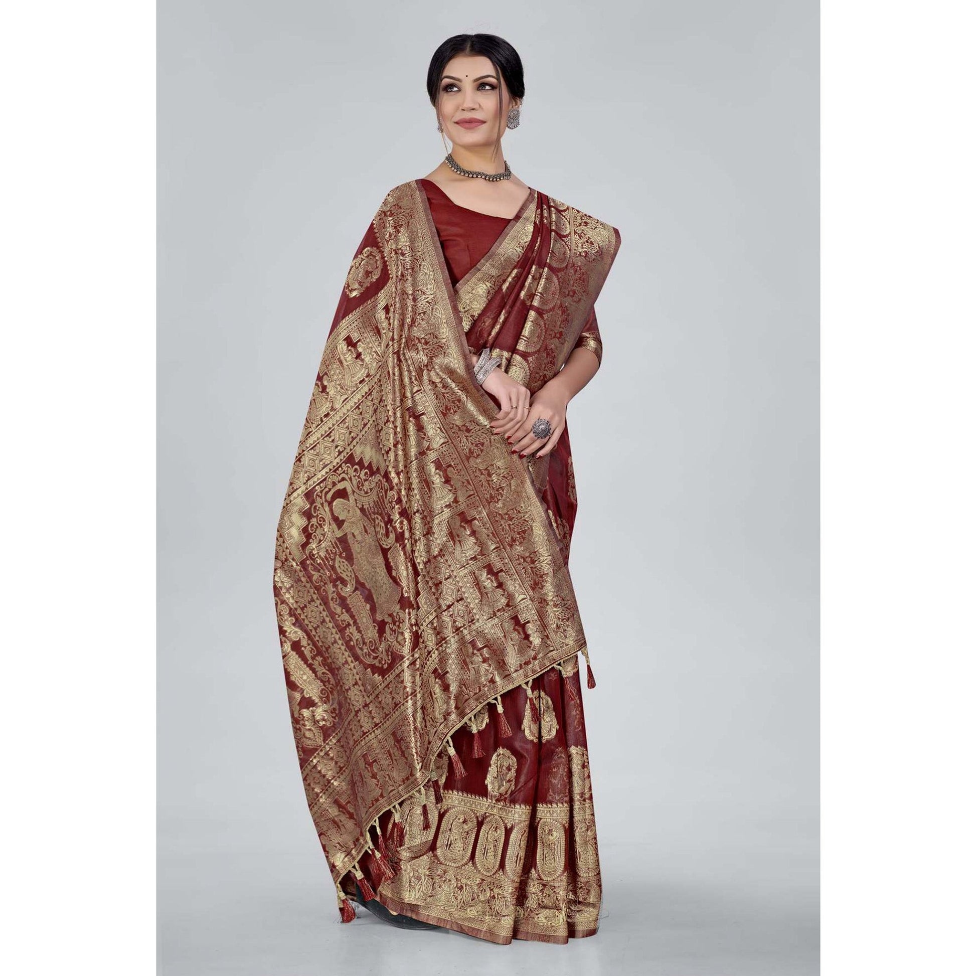 Maroon Woven Organza Saree With Tassels